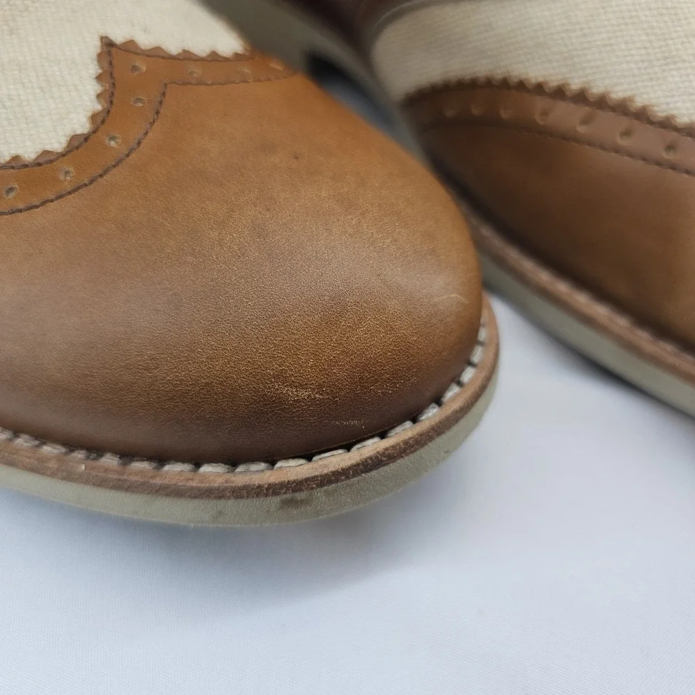 Johnston & Murphy Brown Leather Canvas Wingtip Oxford Shoes Men's 13M Sheepskin